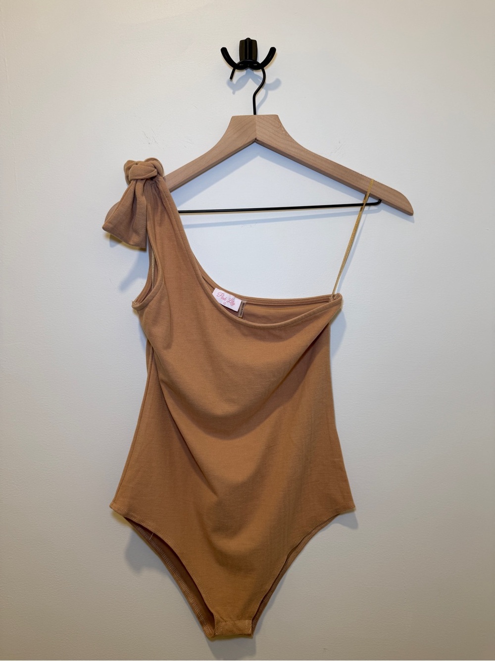 Pink Lily Tan One Shoulder Tie Bodysuit